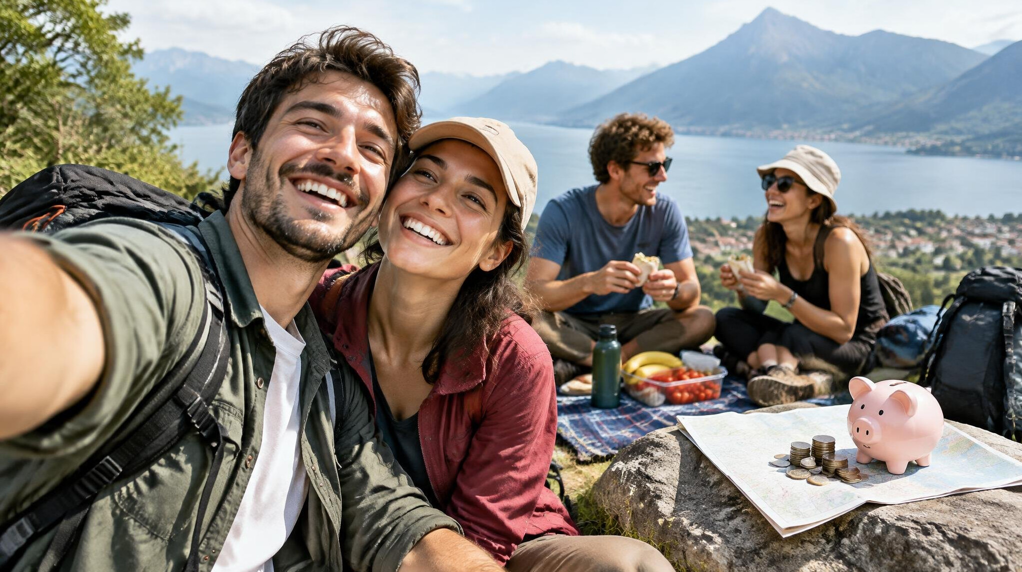 happy couple on budget vacation